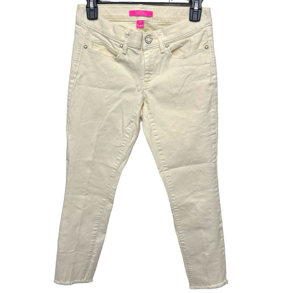 Lilly Pulitzer Size 2 Pale Yellow Stretchy Straight Leg Jeans Raw Hem Mid Rise